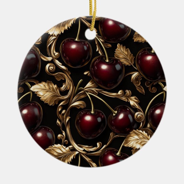 Luxurious Cherry and Gold Baroque Seamless Pattern Ceramic Ornament (Front)