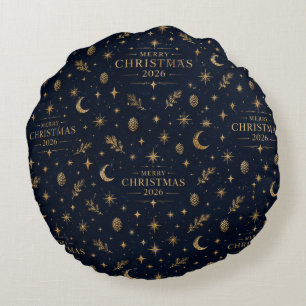 LUXURIOUS Christmas Botanical Floral Navy Gold Wra Round Pillow