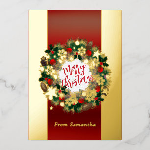 Luxurious Christmas wreath personalizable gold  Foil Holiday Card