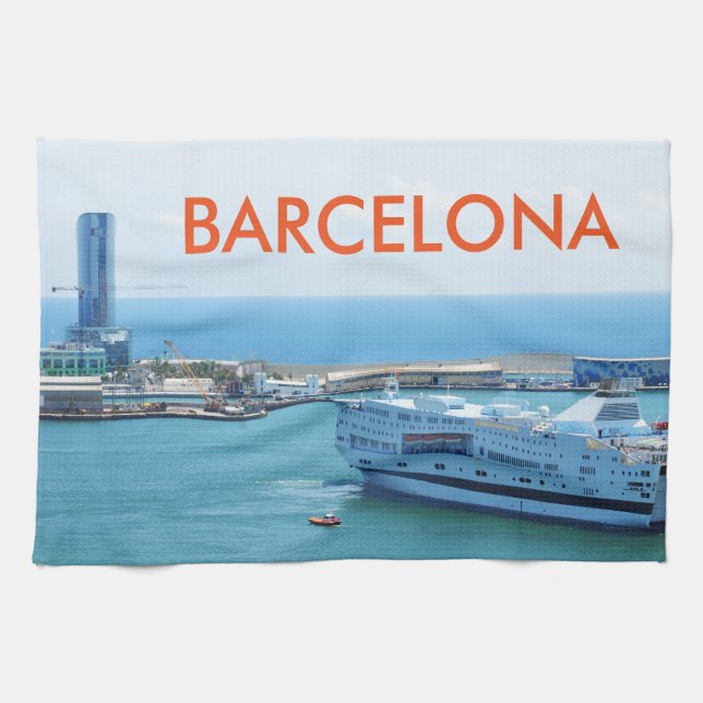Luxurious cruise ship leaving Barcelona harbour Kitchen Towel (Horizontal)