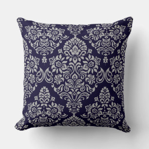 Luxurious Damask Floral Pattern on Very Deep Blue Throw Pillow