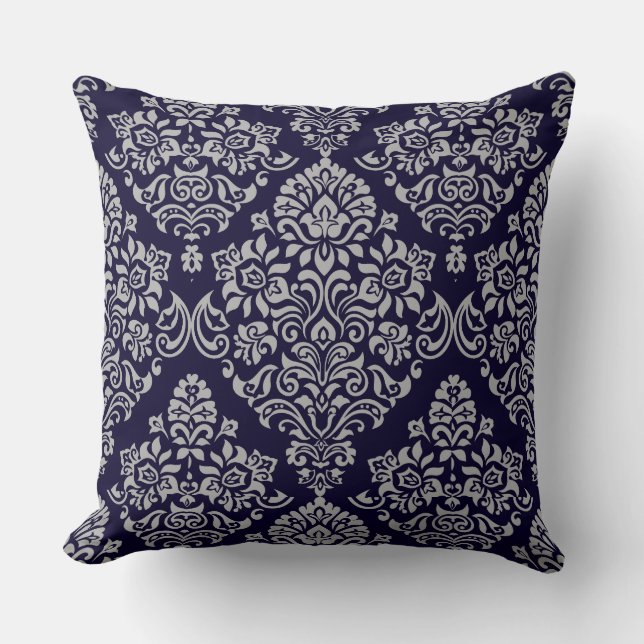Luxurious Damask Floral Pattern on Very Deep Blue Throw Pillow (Front)