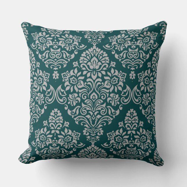 Luxurious Damask Pattern on Deep Turquoise Colour Throw Pillow (Front)
