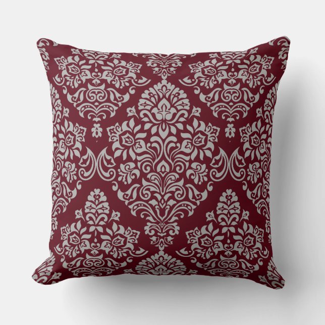 Luxurious Damask Pattern on Rich and Deep Burgundy Throw Pillow (Front)