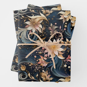 Luxurious Dark Blue Botanical Garden Wrapping Paper Sheet
