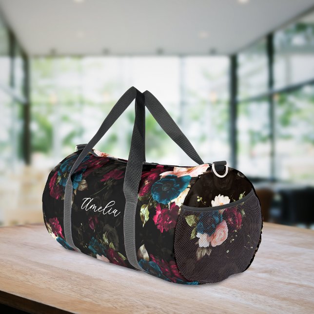Luxurious Dark Turquoise Red Floral Bloom Duffle Bag (Creator Uploaded)