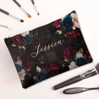 Luxurious Dark Turquoise Red Floral Monogram Accessory Pouch