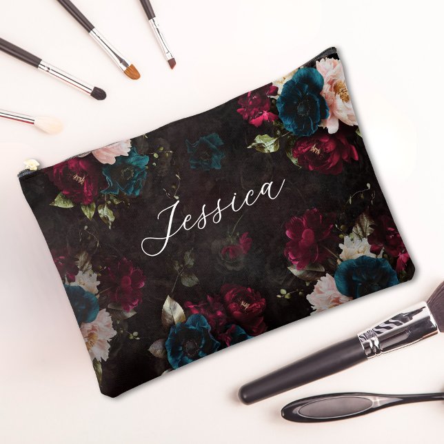 Luxurious Dark Turquoise Red Floral Monogram Accessory Pouch (Creator Uploaded)