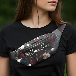 Luxurious Dark Turquoise Red Floral Monogram Fanny Pack
