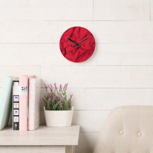 Luxurious Deep Crimson Crumpled Textile Background Round Clock