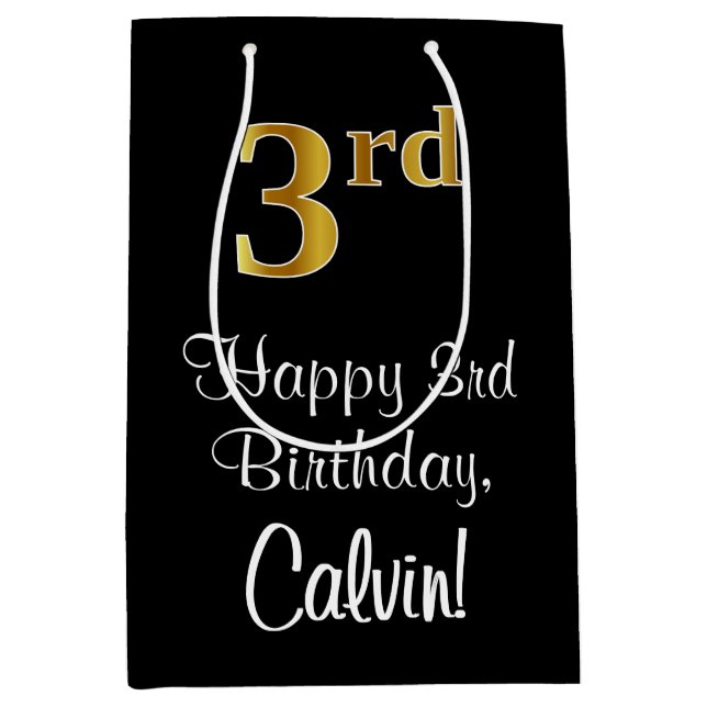 Luxurious, Elegant, Faux Gold Look 3rd Birthday Medium Gift Bag (Front)
