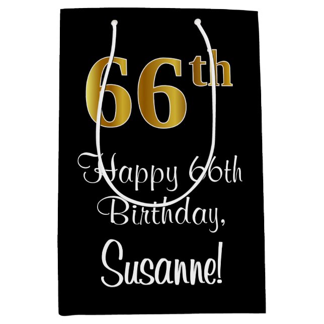Luxurious, Elegant, Faux Gold Look 66th Birthday Medium Gift Bag (Front)