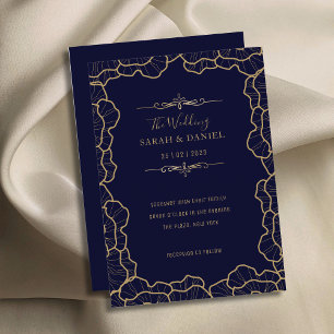 Luxurious Elegant Navy Blue Gold Flower Wedding Invitation