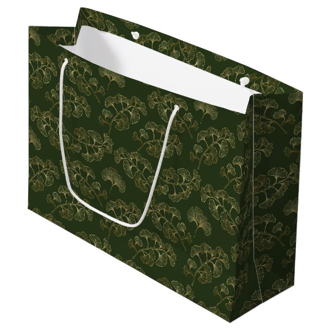 Luxurious Emerald Green Gold Botanical Leaf Large Gift Bag (Front Angled)