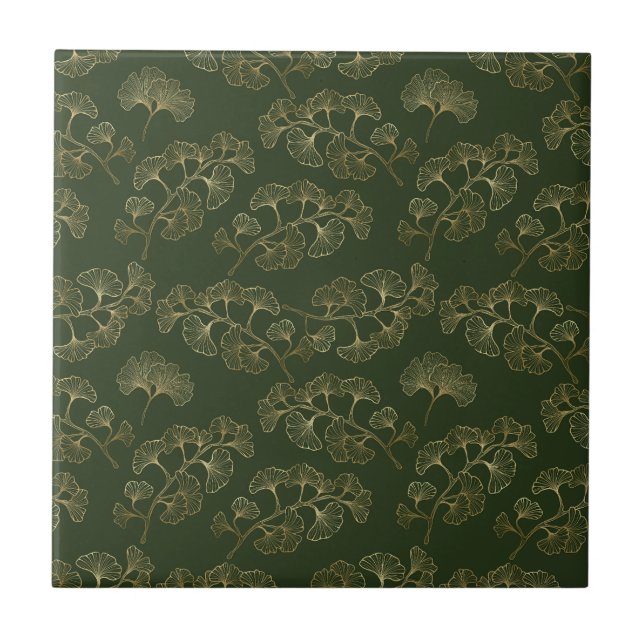 Luxurious Emerald Green Gold Botanical Leaf Tile (Front)