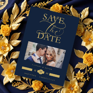 Luxurious Fancy Blue Marine  Photo Gold Script Save The Date
