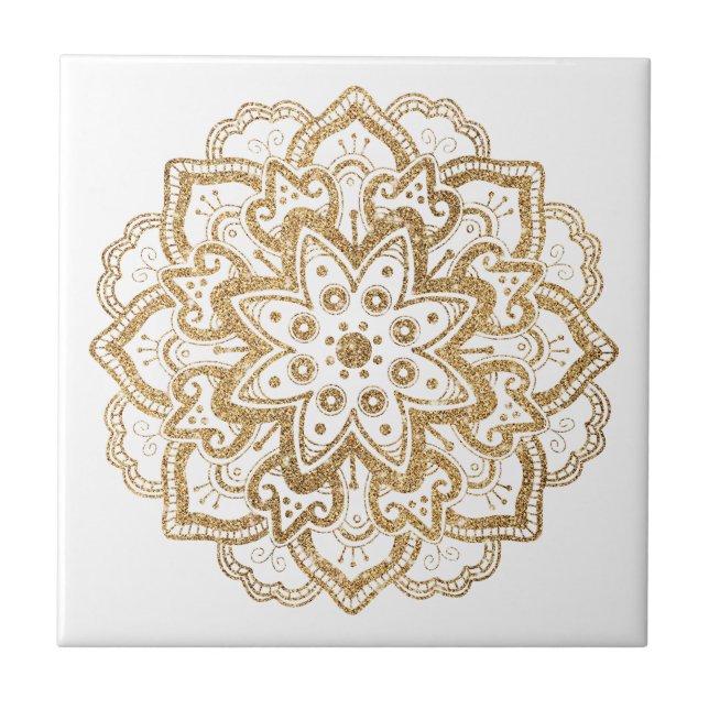 Luxurious Faux Gold Glitter Boho Mandala White Tile (Front)