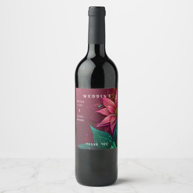 Luxurious Floral Wedding Invitation Suite Wine Label (Front)