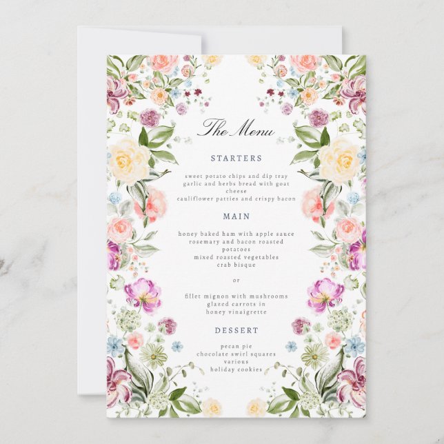 Luxurious Garden Floral Wedding Menu Card (Front)