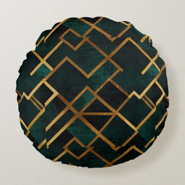 Luxurious Geometric Gold and Emerald Round Pillow (Front)