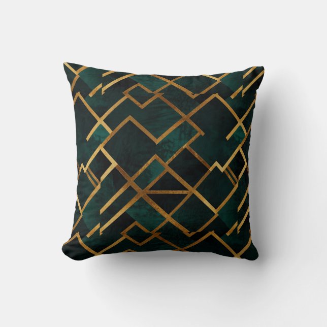 Luxurious Geometric Gold and Emerald Throw Pillow (Front)