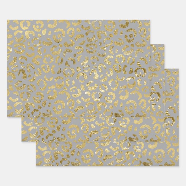 Luxurious Glam Gold Grey Leopard Print Wrapping Paper Sheet (Set)