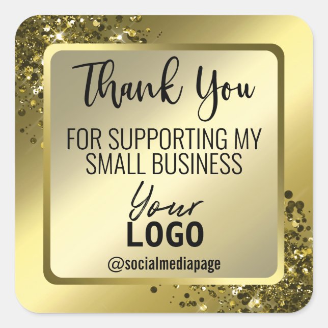 Luxurious Glam Gold Thank You Business Logo Square Sticker (Front)