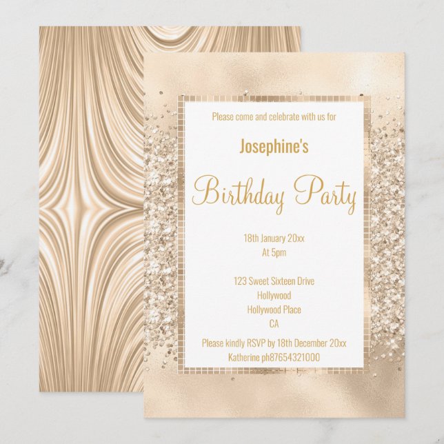 LUXURIOUS GLITTER SATIN CHAMPAGNE & GOLD INVITATION (Front/Back)