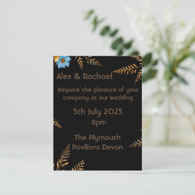Luxurious Gold and Blue Floral Wedding Invitation  (Standing Front)