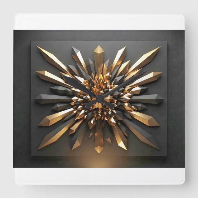 Luxurious Gold and Dark Crystal 3D Geometric Wall  Square Wall Clock (Front)