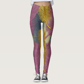 Luxurious Gold and Mauve Feather Embroidery Patter Leggings