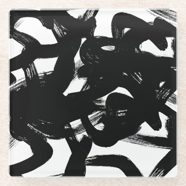 Luxurious Gold Art: Abstract Black Stroke. Glass Coaster (Front)