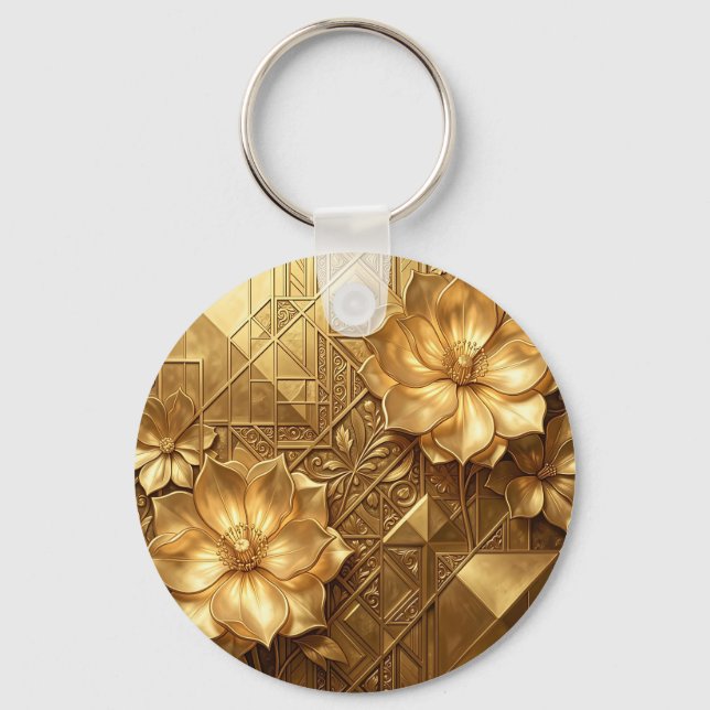 Luxurious Gold Art Deco Floral Embossed Pattern Keychain (Front)