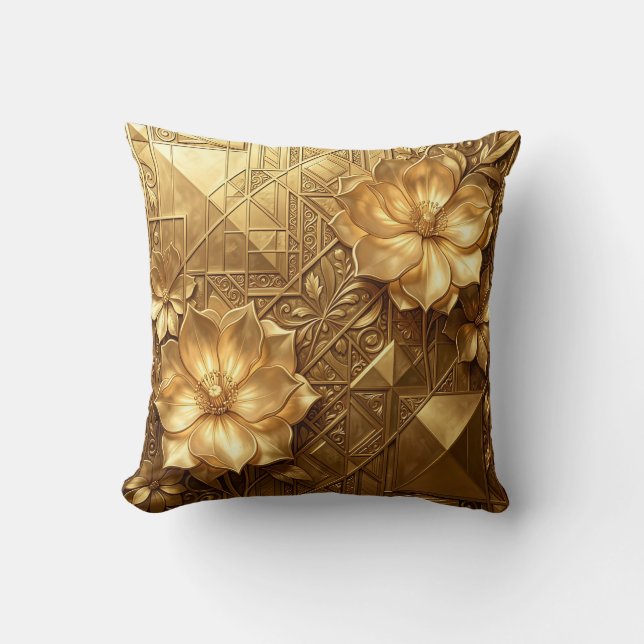 Luxurious Gold Art Deco Floral Embossed Pattern Throw Pillow (Front)