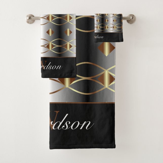 Luxurious Gold Black And Silver Monogrammed Bath Towel Set (Insitu)