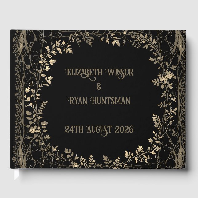 Luxurious Gold & Black Sepia Floral Finish  Guest Book (Front)