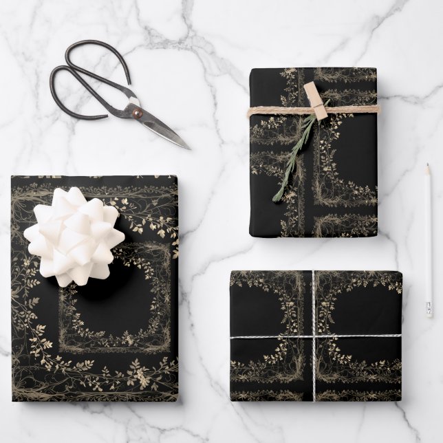 Luxurious Gold & Black Sepia Floral Finish  Wrapping Paper Sheet (Front)