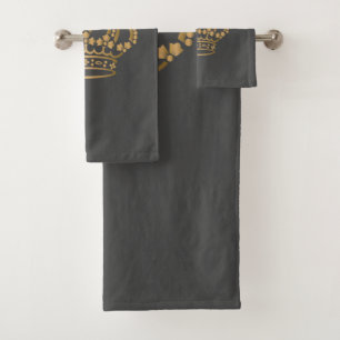 Luxurious Gold Crown Dark Grey Bath Towel Set