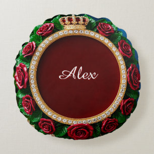 Luxurious Gold Crown Frame Adorned With Roses Round Pillow