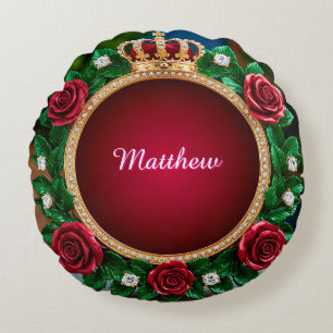 Luxurious Gold Crown Frame Adorned With Roses Round Pillow