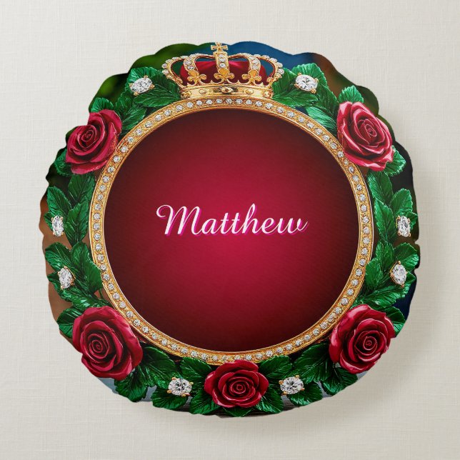 Luxurious Gold Crown Frame Adorned With Roses Round Pillow (Front)