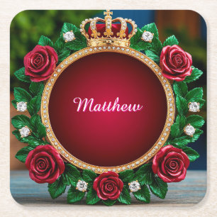 Luxurious Gold Crown Frame Adorned With Roses Square Paper Coaster