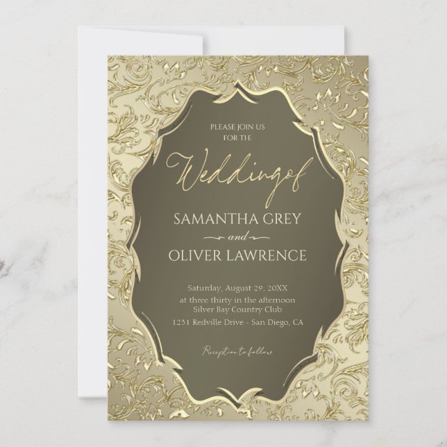Luxurious Gold Damask Wedding Invitation (Front)