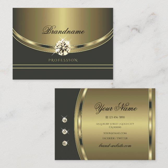 Luxurious Gold Dark Grey with Sparkling Diamonds Business Card (Front/Back)
