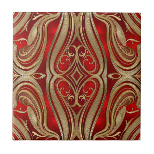 Luxurious Gold Diamond Motif on Red Pattern Tile