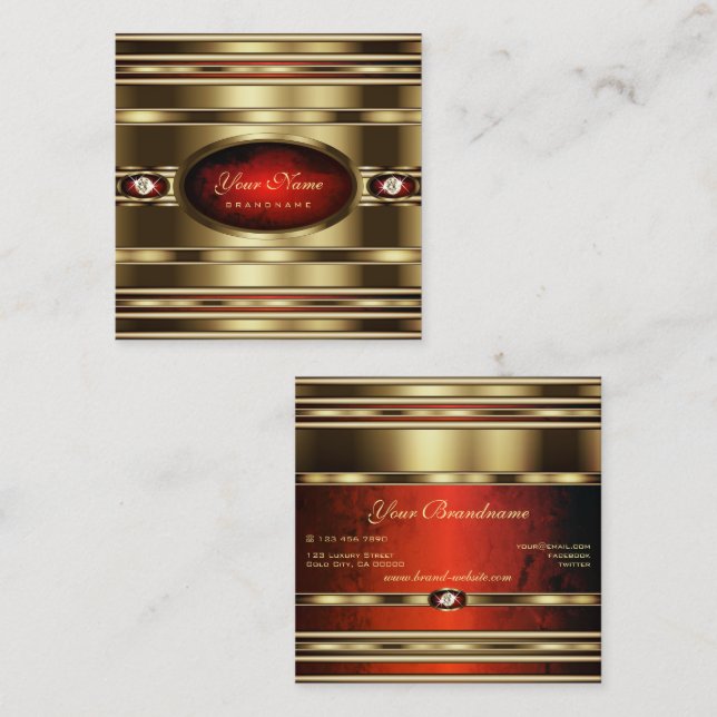 Luxurious Gold Effect Red Marble Faux Rhinestones Square Business Card (Front/Back)