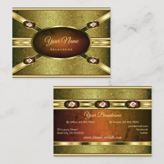 Luxurious Gold Effects Marble with Faux Gemstones Business Card (Front/Back)