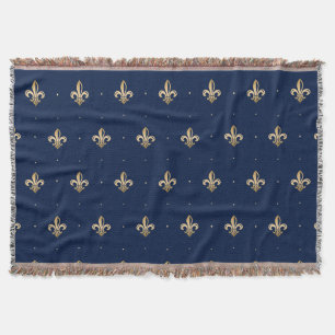 Luxurious Gold Fleur de Lis Navy Throw Blanket