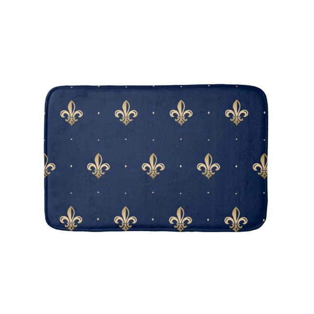 Luxurious Gold Fleur de Lis Pattern Navy Bath Mat (Front)