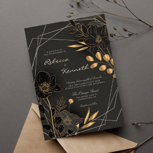 Luxurious Gold Floral Minimalist Monogram Wedding Invitation